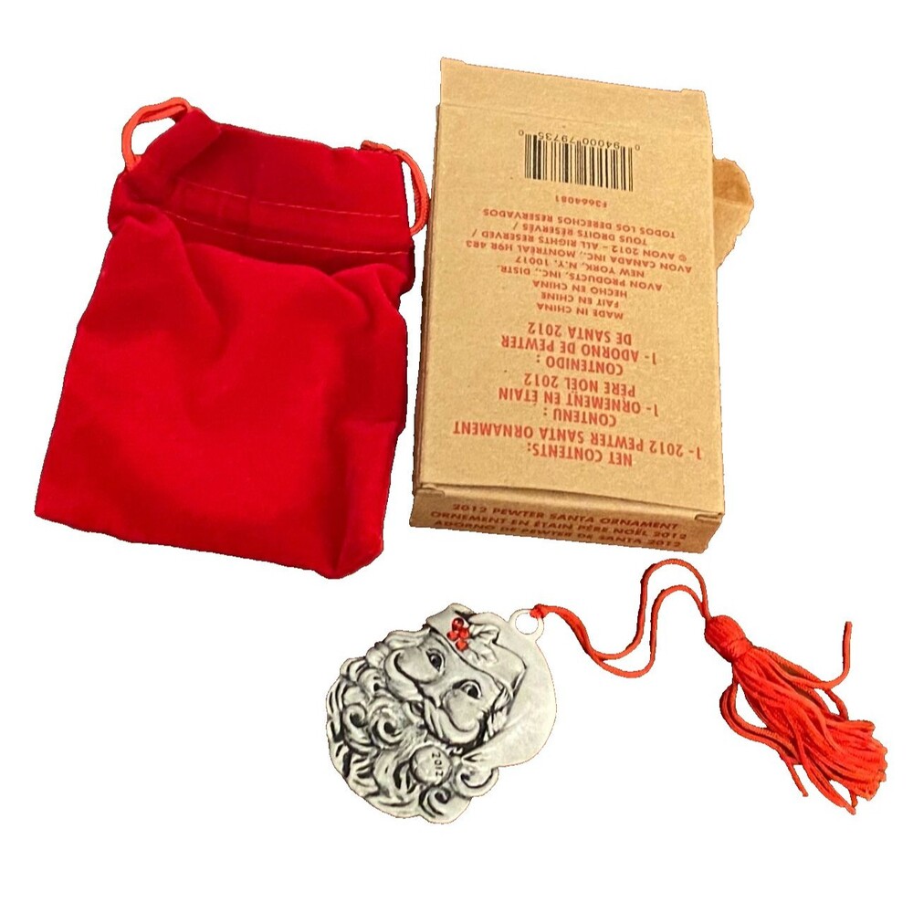 AVON Collectibles 2012 Pewter Santa Christmas Ornament w/Box & Pouch Red Stones
